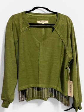 BlueVelvet Green Knit Top with Fringe Detail